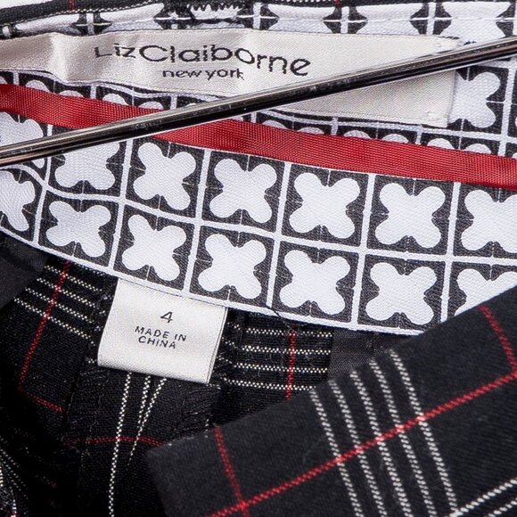 Liz Claiborne Plaid Pants 4 Womens Windowpane Black Red White Straight Leg Retro - Picture 5 of 6